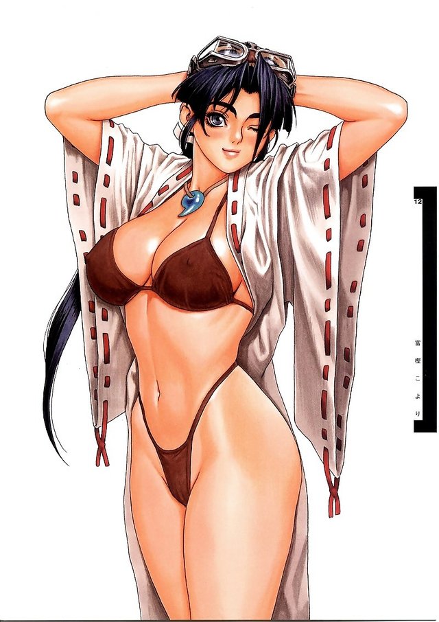 cleavage hentai japanese hair breasts blush nipples cleavage blue eyes collar bra bikini head highres erect arms clothes jewelry hips hentaiblog detached sleeves goggles fundoshi koyor