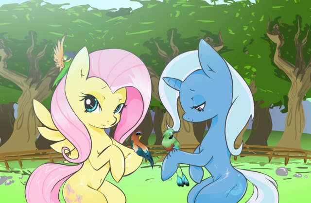 flutter of birds hentai birds artist forest stuff drawfriend fluttershy trixie shipping zev trixieshy