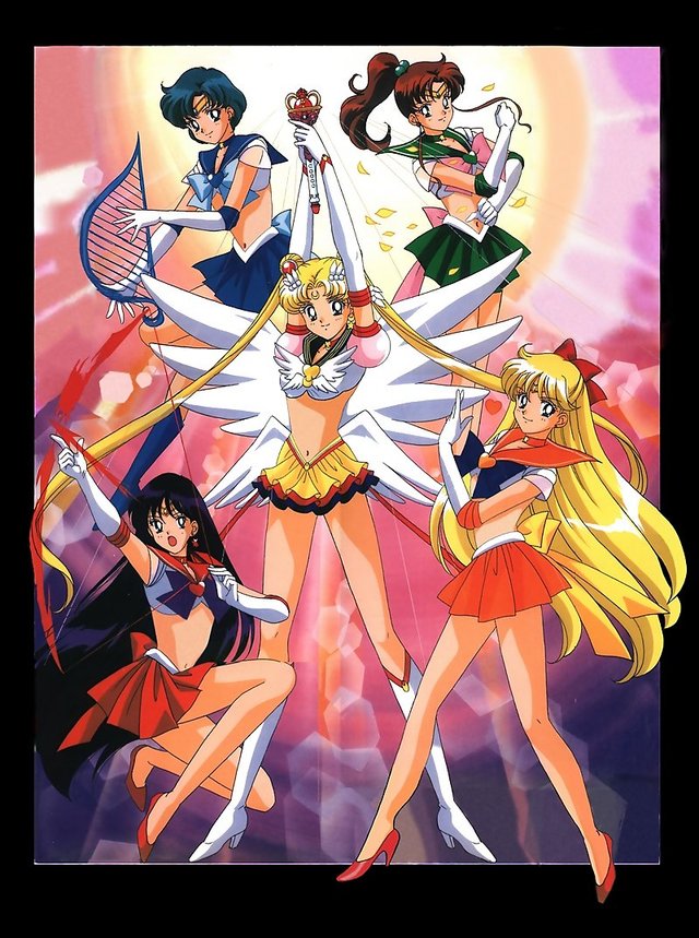 sailor senshi venus five hentai bishoujo black blonde girls moon hair bloganime blue eyes elbow weapon brown collar boots sailor double senshi arms choker earrings minako aino bow bun arrow