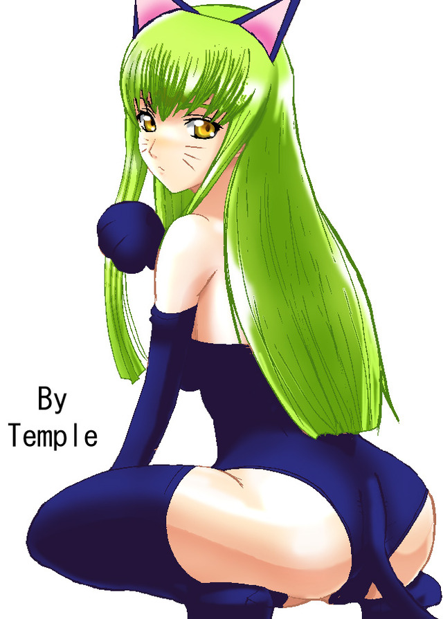 usagi-chan de cue!! hentai tail female hair ass artist long cat thighhighs animal ears code geass green solo catgirl back vertical looking bare shoulders temple strapless