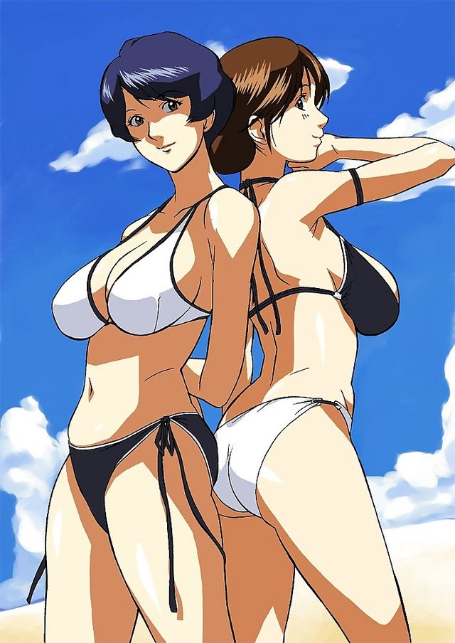 2girls hentai hentai girls hair ass behind huge breasts cleavage beach blue eyes brown bikini arms back hikaru cloud curvy cirima looki