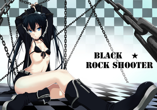black rock shooter hentai black hair blue eyes boots rock bikini konachan twintails shooter chain kuroi mato yonggi