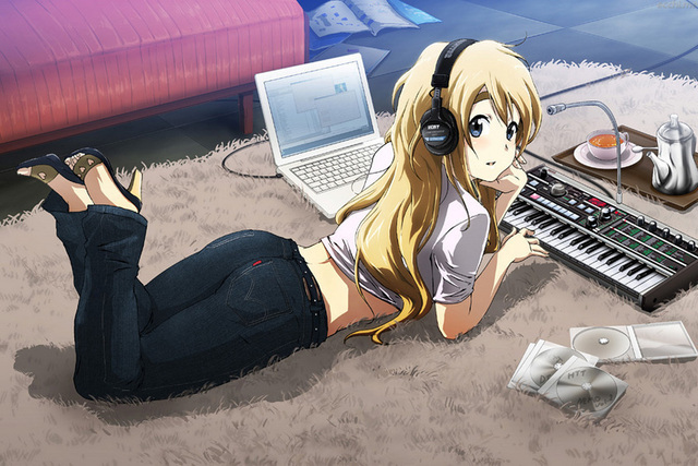 blonde hair hentai hentai blonde hair ass musume blue eyes long acb computer back kotobuki jeans looking casual tsumugi keyboard headphones korg microkorg synthesizer headphone