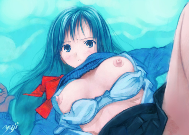 blue hair hentai bdsm private hair lift dark skin blue bra garden