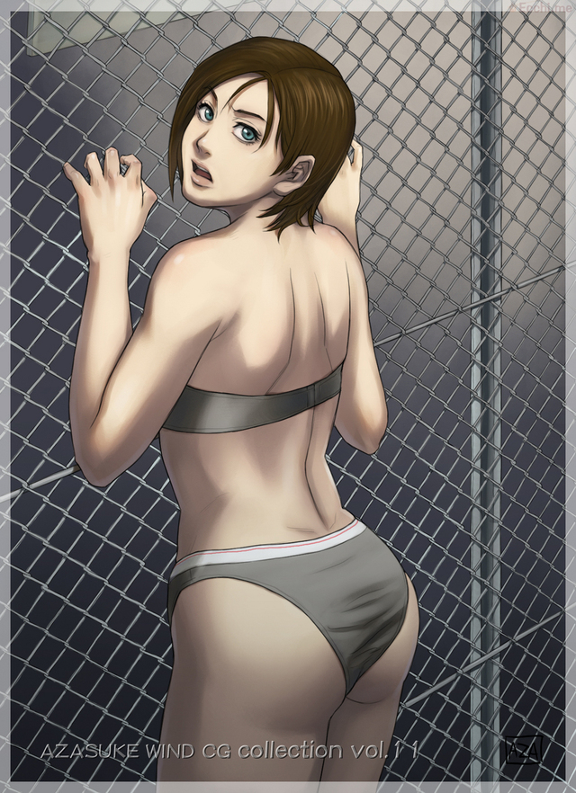 brown hair hentai hentai evil hair eyes brown bra azasuke short green panties lingerie fence valentine highres back resident jill galerias imagensgames