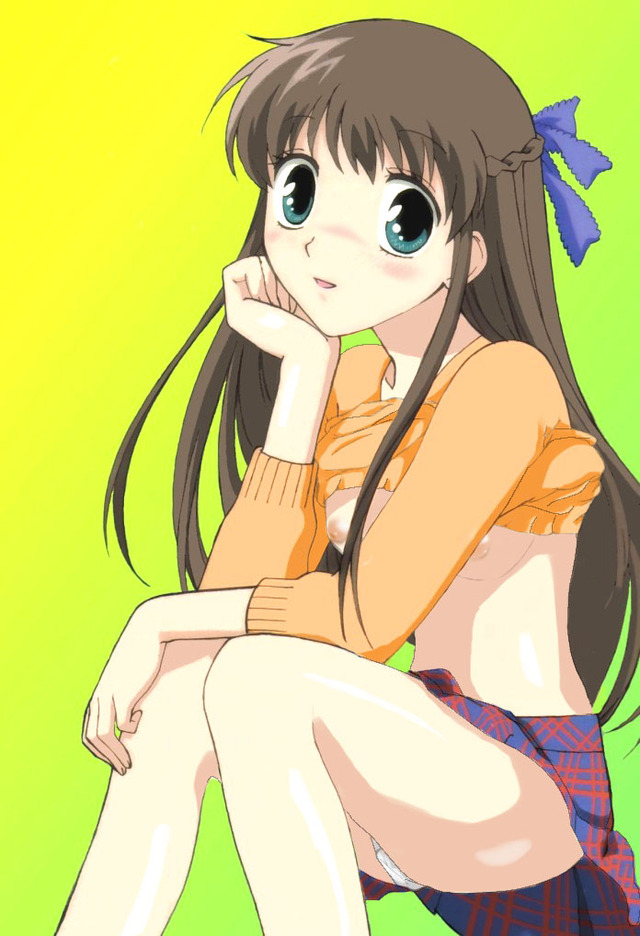 fruits basket hentai cbf hair breasts blush lift skirt blue eyes long brown shirt panties bow prev braid fruits basket honda tohru midriff plait