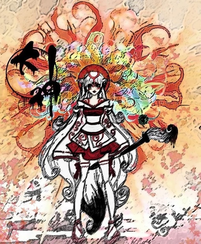 highres hentai hentai albums japanese skirt user eyes long brown media animal ears goddess highres clothes kimono leaves amaterasu issun bodypaint ookamigaru geta