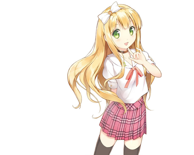 long hair hentai hentai blonde seifuku hair ouji warawanai neko eyes long wallpapers collar azuki azusa thighhighs green white dce bow headband