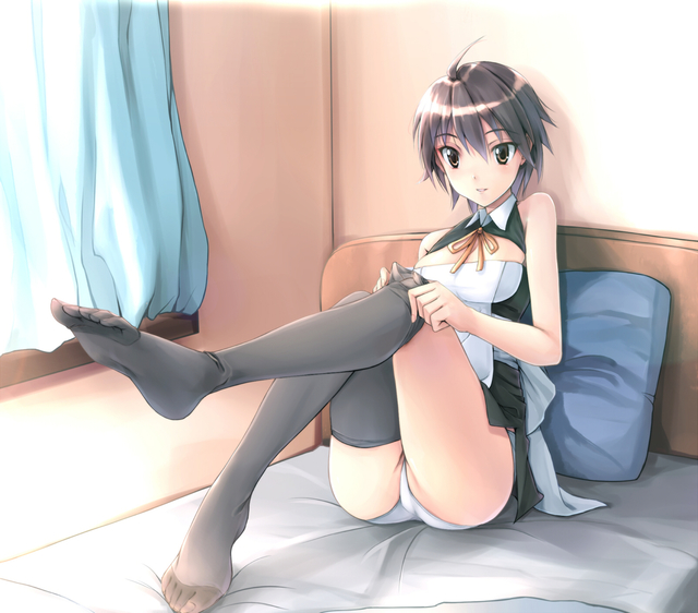 panties hentai hentai girl hair ass eyes long underwear bad brown pull thighhighs feet legs short white solo panties bed highres shoes ahoge pov toes sock