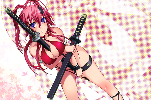 red hair hentai anime sword girls hair tagme artist cleavage wallpaper blue eyes weapon red bikini swimsuit zoom konachan hyakka ryouran samurai layer katana yagyuu juubei