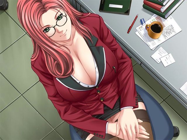 red hair hentai breasts artist eyes closed chair alpha bow suit business