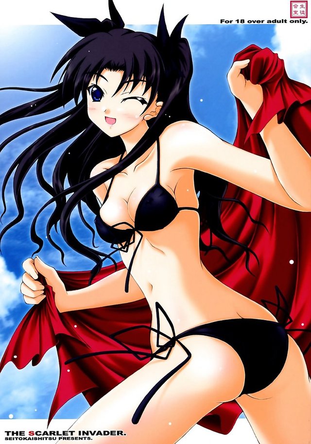 ribbon hentai hentai page cover night hair ass doujinshi admin blue eyes long bikini swimsuit wink author rin highres side ribbon dai ribbons fatestay tohsaka tie akimoto deredere