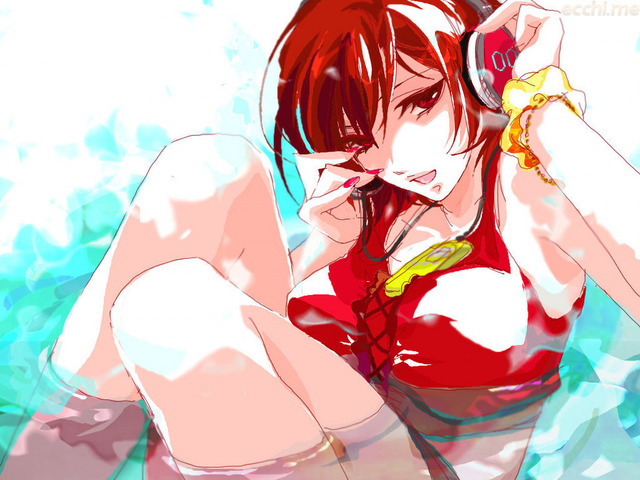 short hair hentai hentai original hair breasts eyes entry red swimsuit short solo water jewelry vocaloid bracelet headphones karakoro meiko