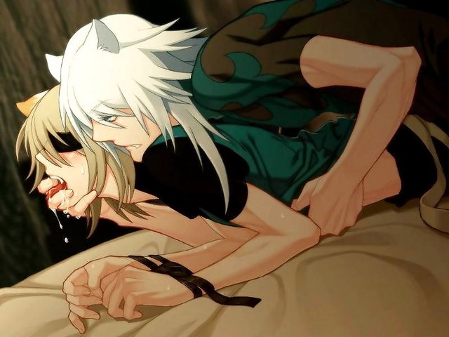 tongue hentai hentai anal bdsm blonde game hair blue eyes fangs horizontal male bondage cat animal ears yaoi blindfold white rai saliva tongue konoe catboy lamento