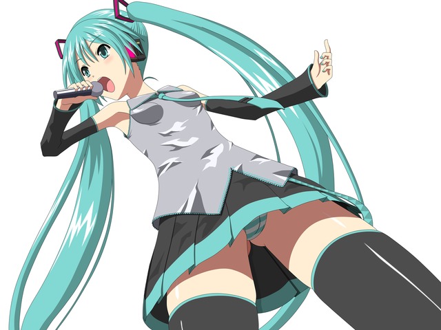 twintails hentai skirt miku entry thighhighs panties twintails cameltoe hatsune tie striped microphone