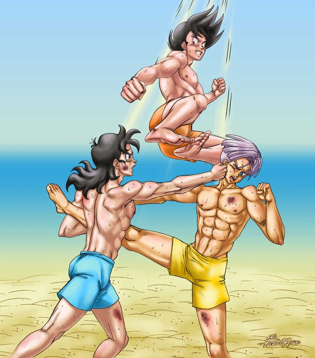 db z hentai hentai dbz beach dragon training kai thai fanart yaoi gay ball bishonen muscle dbkai bara saiyan gohanxtrunks muay peruggine