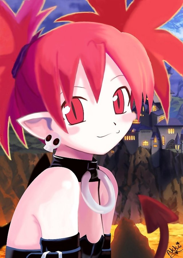 demon girls hentai girl female hair bloganime eyes gloves collar monster castle red ears demon loli makai senki necklace earrings outdoors disgaea etna sha lava pointy