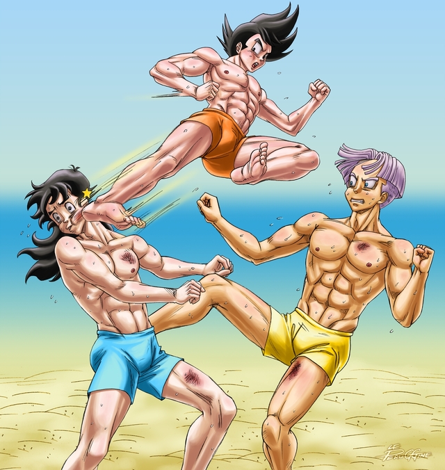 dragoballz hentai hentai dbz beach dragon training kai thai fanart yaoi gay ball bishonen muscle dbkai bara saiyan gohanxtrunks muay peruggine