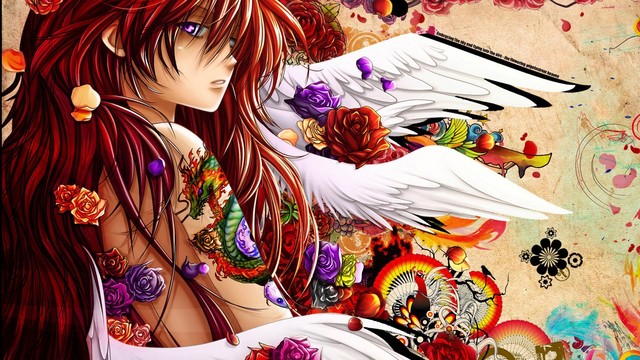 hentai girl x girl anime hentai girls wallpaper wallpapers wings redheads tattoos