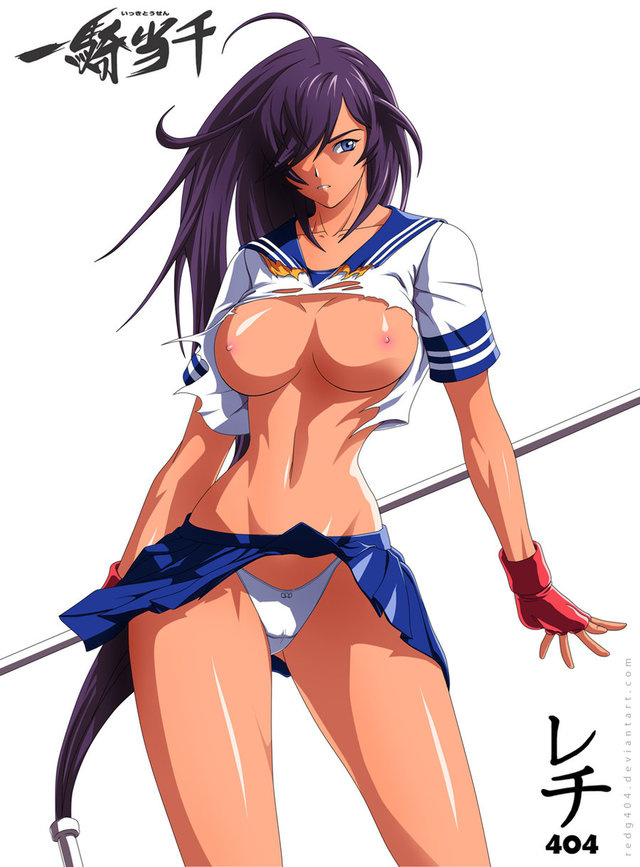 ikkitousen kanu hentai breast breasts dark skin blue eyes gloves unchou kanu torn ikkitousen clothes fingerless