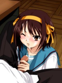 suzumiya haruhi no yuuutsu hentai bloganime brown hair censored cum dark penis facial fellatio highres interracial kotobuki hajime oral short suzumiya haruhi yuuutsu vertical