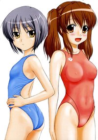 suzumiya haruhi no yuuutsu hentai hentai asahina mikuru competition swimsuit highres nagato yuki suzumiya haruhi yuuutsu ass cameltoe erect nipples one piece short hair