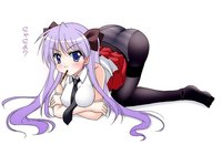 blue eyes hentai hentai blue eyes blush feet hiiragi kagami lucky star mouth hold narutaki shin panties pantyhose pocky purple hair striped tagme thighhighs twintails ass