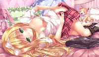 blonde hair hentai ead feb konachan azuki azusa blonde hair bow cleavage doll green eyes hentai ouji warawanai neko bra open shirt seifuku skirt tagme artist undressing show