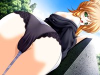 open mouth hentai hentai ass black panties blonde hair blush cameltoe game green eyes open mouth outdoors