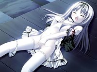 open mouth hentai breasts censored eyes closed fingering game loli long hair masturbation night open mouth panties around leg panty pull pussy saliva silver thighhighs undressing