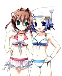 brown hair hentai amakase minatsu asakura yume bathing suit bikini blue eyes hair blush brown bun cover capo game green loli midriff swimsuit