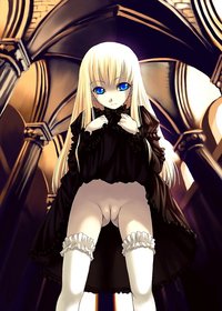 highres hentai askray blonde hair blue eyes bosshi gothic lolita highres loli pussy skirt lift thighhighs bad vulva fashion