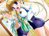 game cg hentai hentai game hanihani school uniform serafuku shibugaki matsuri swimsuit tsuki higashi nishi ass bekkankou blonde hair blue eyes blush dutch angle long looking back category bottomup page