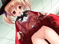 pussy juice hentai cloak hat loli panties pussy juice red eyes seifuku skirt lift witch