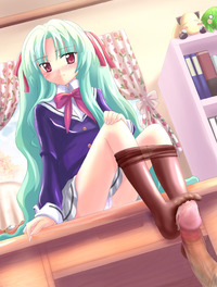 ribbon hentai fab blush cfnm cum footjob green hair highres panties pantyhose penis red eyes ribbon next