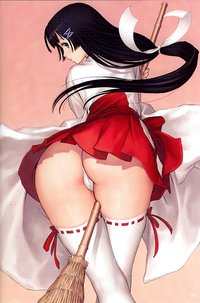 ribbon hentai hentai ass black hair blush broom broomstick from behind grey eyes ornament ribbon hairclip highres japanese clothes legs crossed long looking back miko open mouth