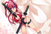 red hair hentai konachan bikini blue eyes cleavage hyakka ryouran samurai girls katana red hair swimsuit sword tagme artist weapon yagyuu juubei zoom layer anime wallpaper