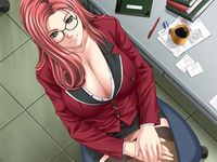 red hair hentai breasts business suit chair alpha artist bow eyes closed