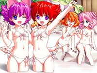 animal ears hentai animal ears bikini blue eyes cat flat chest loli miyama kannon onsen pink hair purple red side tie swimsuit vowzmen water wink yuri