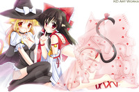 catgirl hentai pictures konachan blonde hair blush brown catgirl hakurei reimu japanese clothes kirisame marisa long miko panties tail thighhighs touhou underwear witch