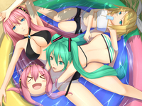 kagamine rin hentai konachan aqua hair bikini blonde hatsune miku ice cream kagamine rin long megurine luka pink short swimsuit vocaloid water